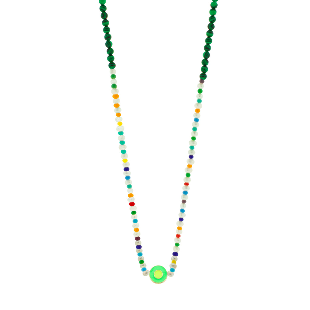 LUIS MORAIS 14k yellow gold small disk with a recessed double-enameled evil eye on a pearl, Malachite, and glass beaded necklace. Lobster clasp closure.  Length: 20 in.  Main gemstone: Malachite