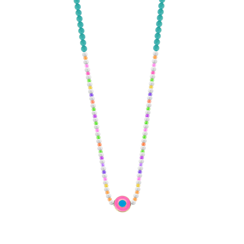 LUIS MORAIS 14k yellow gold small disk with a recessed double-enameled evil eye on a pearl, Turquoise, and glass beaded necklace. Lobster clasp closure.  Length: 20 in.  Main gemstone: Turquoise