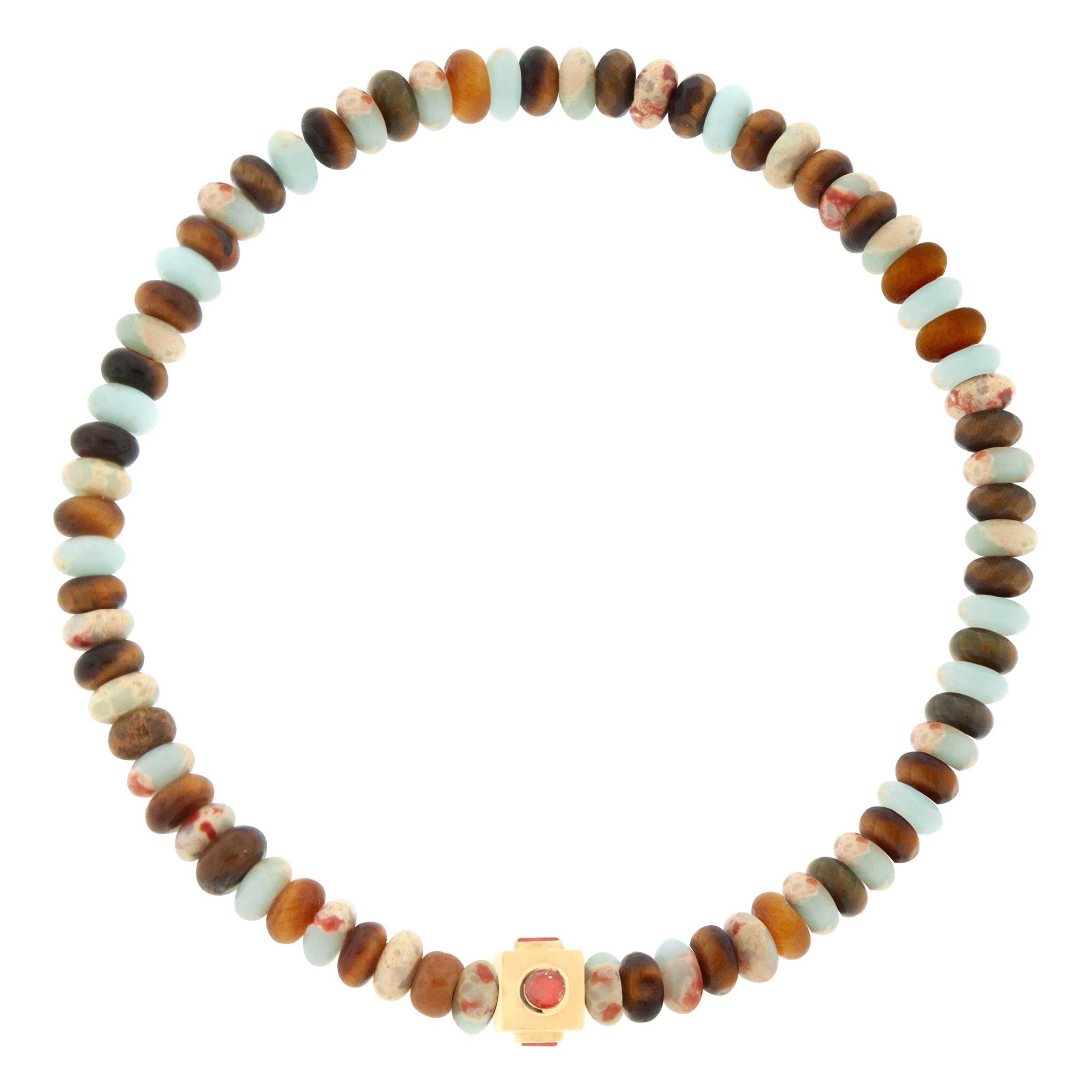 LUIS MORAIS 14k yellow gold small Lego cube (5mm) inlaid with four Coral sides on a gemstone beaded bracelet.