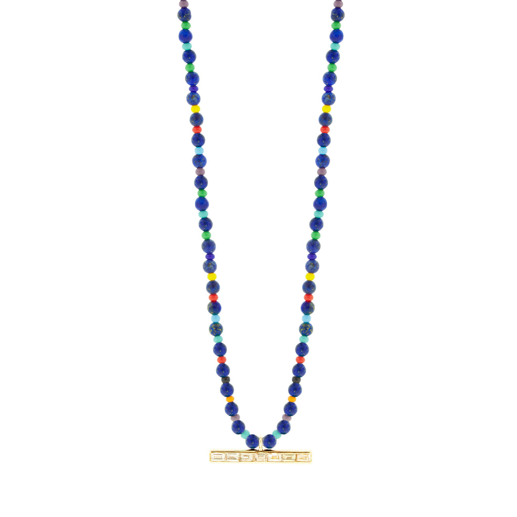 TLC Diamond Baguette ID Bar sur collier de perles Lapis