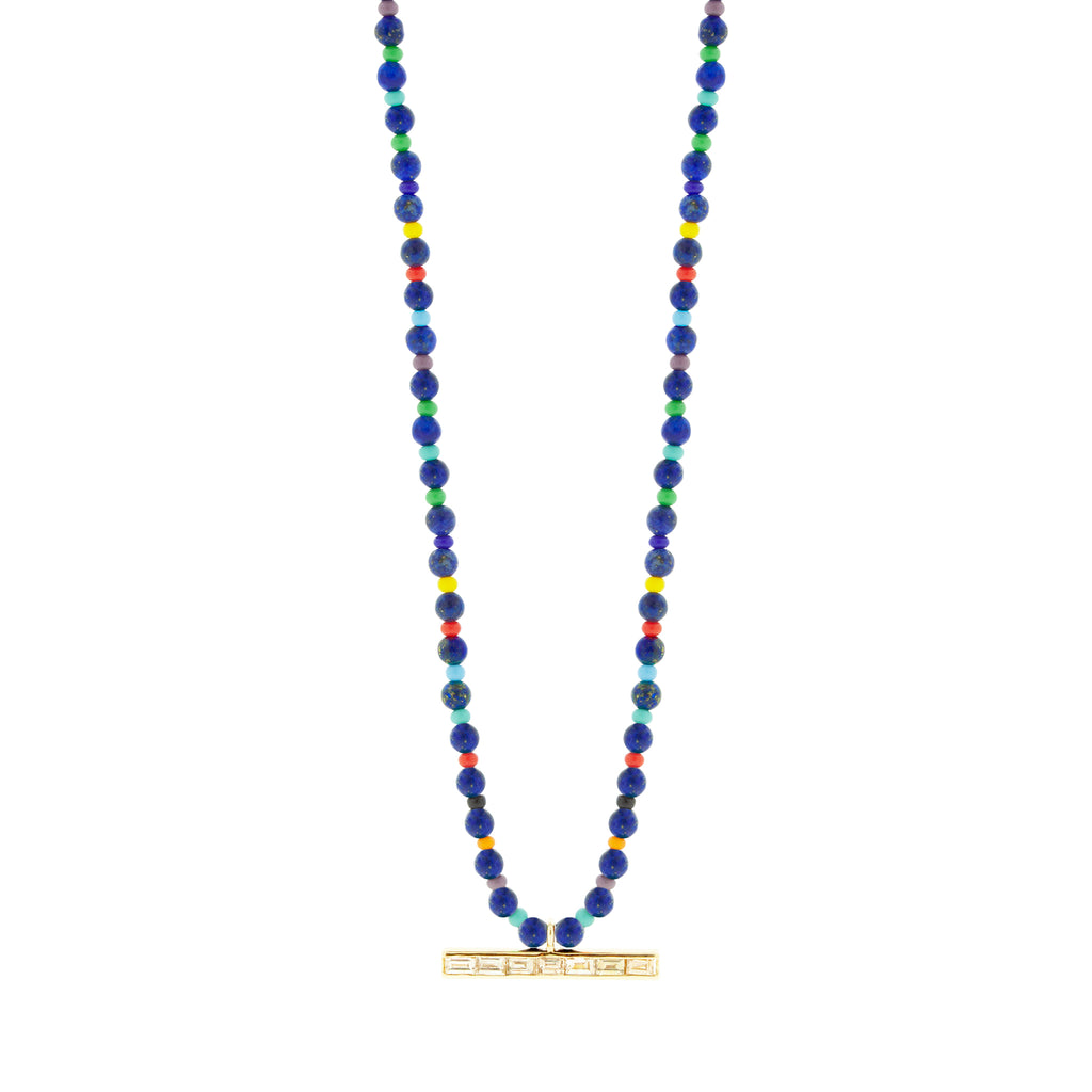 TLC Diamond Baguette ID Bar on Lapis Beaded Necklace