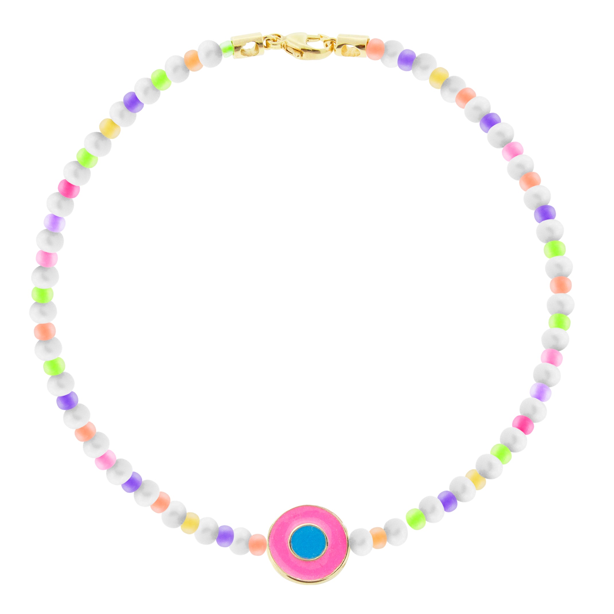 LUIS MORAIS 14k yellow gold small disk with a recessed double-enameled evil eye on a pearl, gemstone, and glass beaded bracelet with a lobster clasp closure.  *If you require a size that is not available in the options provided, please indicate your preferred size in the designated text box during checkout.