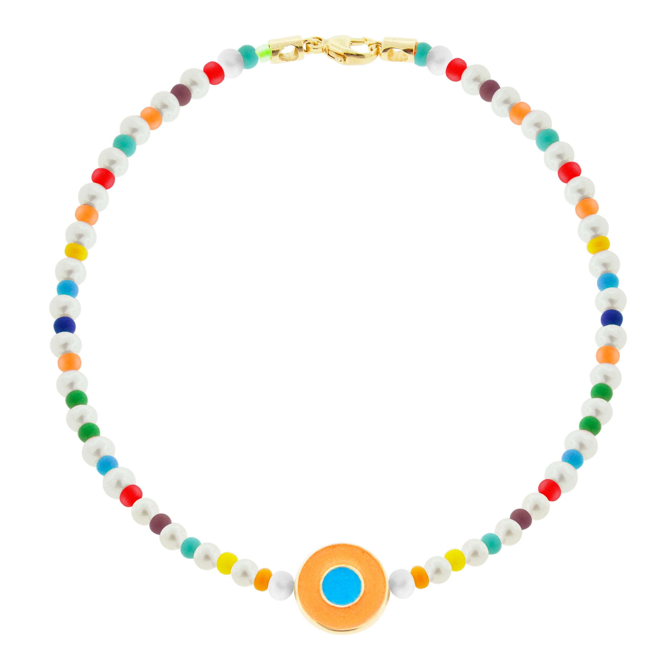 LUIS MORAIS 14k yellow gold small disk with a recessed double-enameled evil eye on a pearl, gemstone, and glass beaded bracelet with a lobster clasp closure.  *If you require a size that is not available in the options provided, please indicate your preferred size in the designated text box during checkout.