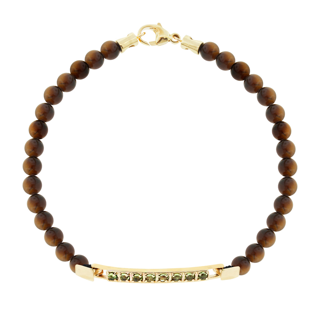 LUIS MORAIS 14K gold medium link ID bar with round Citrine gemstones on aTiger's Eye beaded bracelet. 14k gold lobster clasp closure.   *If you require a size that is not available in the options provided, please indicate your preferred size in the designated text box during checkout.