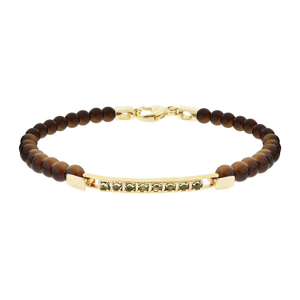 LUIS MORAIS 14K gold medium link ID bar with round Citrine gemstones on aTiger's Eye beaded bracelet. 14k gold lobster clasp closure.   *If you require a size that is not available in the options provided, please indicate your preferred size in the designated text box during checkout.