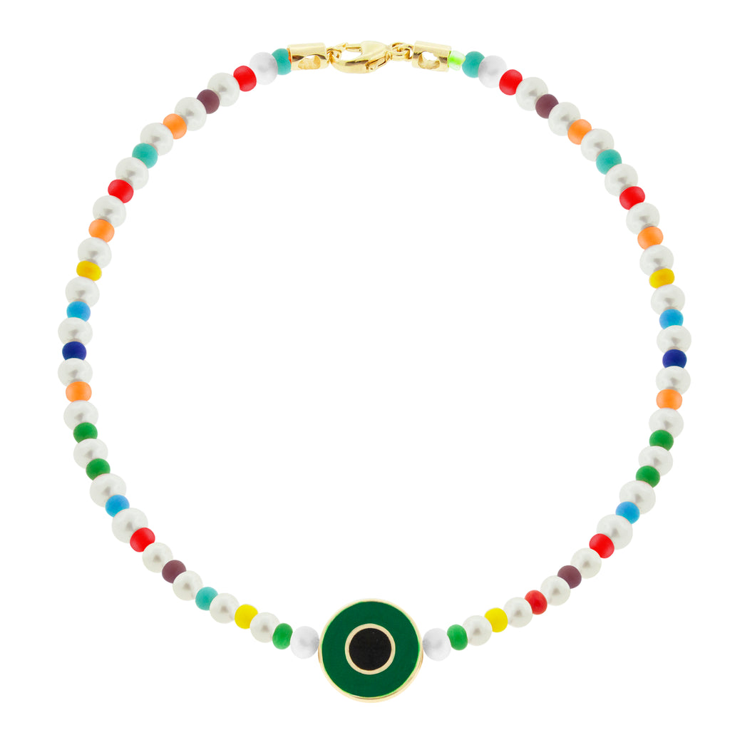LUIS MORAIS 14k yellow gold small disk with a recessed double-enameled evil eye on a pearl, gemstone, and glass beaded bracelet with a lobster clasp closure.
