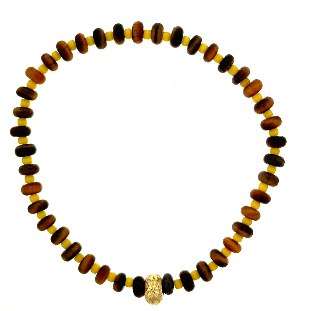 LUIS MORAIS 14k yellow gold roundel with four-leaf clover symbol on a Tiger's Eye and Glass beaded bracelet.