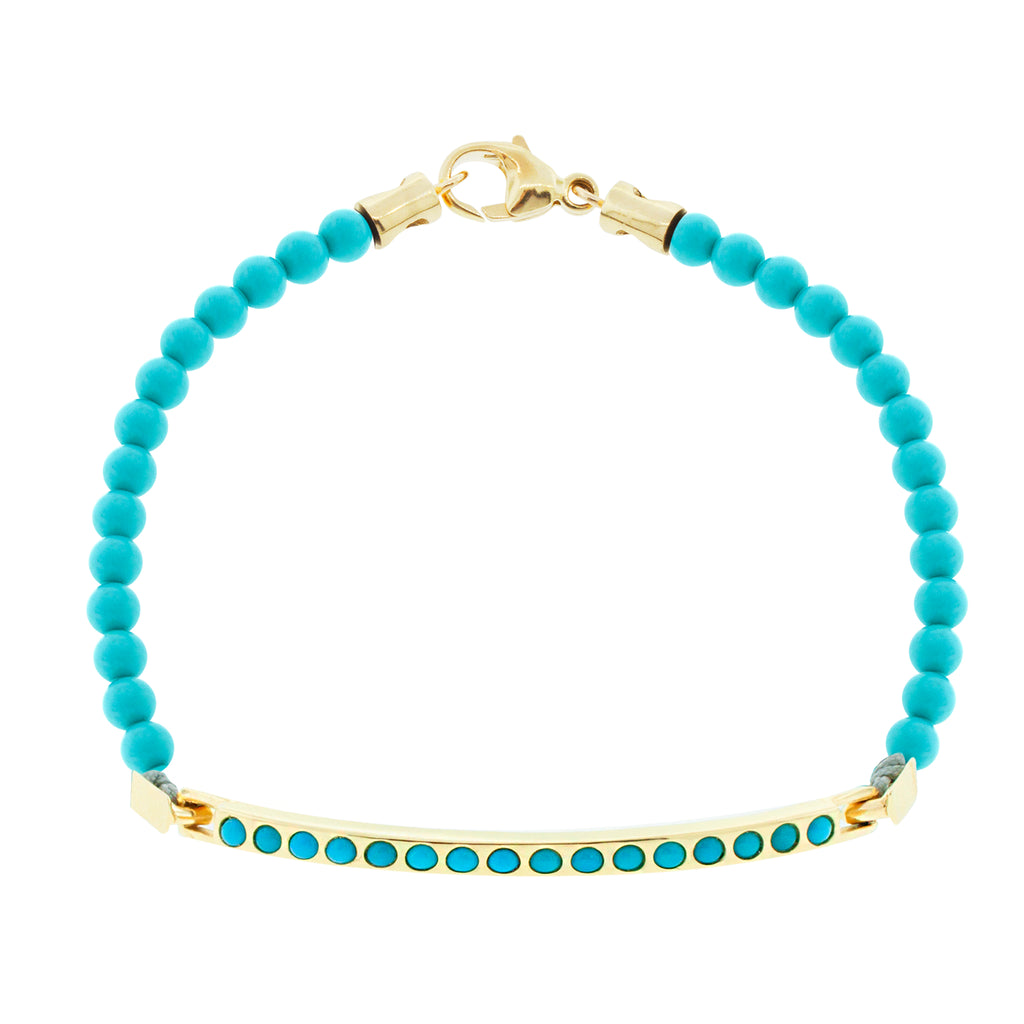 LUIS MORAIS 14K gold large link ID bar with round Turquoise stones on a Turquoise beaded bracelet. 14k yellow gold lobster clasp closure.     *If you require a size that is not available in the options provided, please indicate your preferred size in the designated text box during checkout.