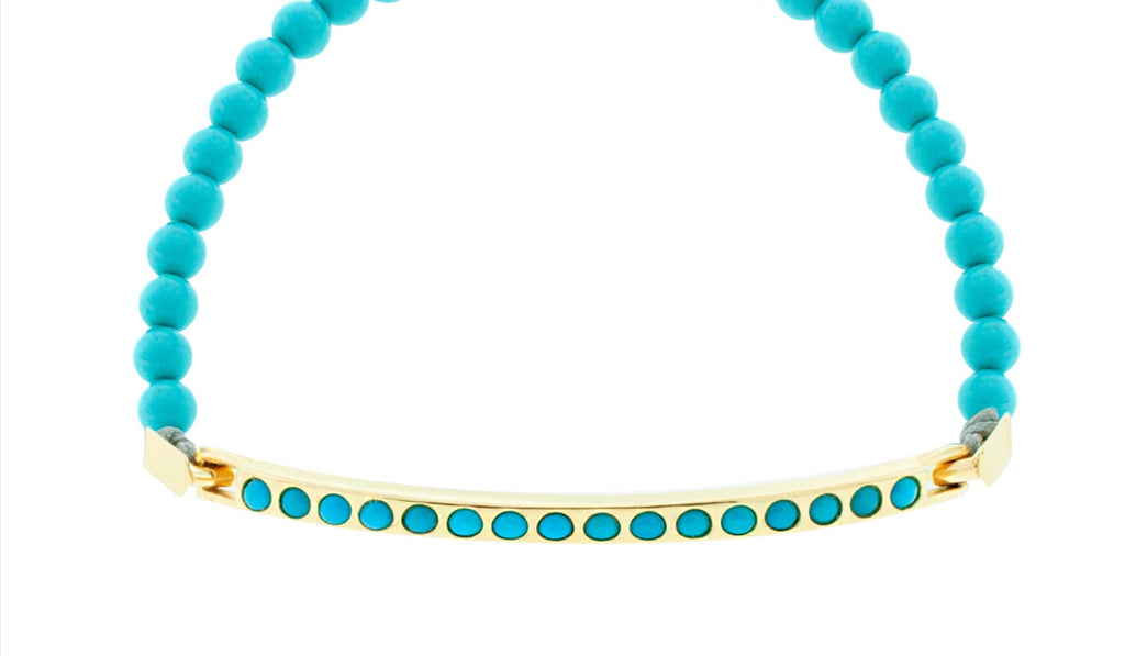 Grande barre d'identification avec pierres précieuses turquoise sur bracelet perlé