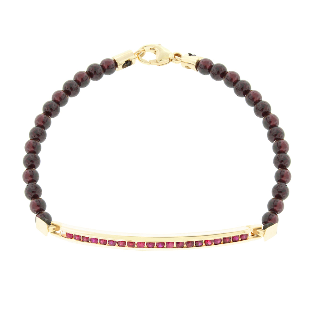 LUIS MORAIS 14K gold large link ID bar with round rubies on a Garnet gemstone beaded bracelet. 14k yellow gold lobster clasp closure.   
