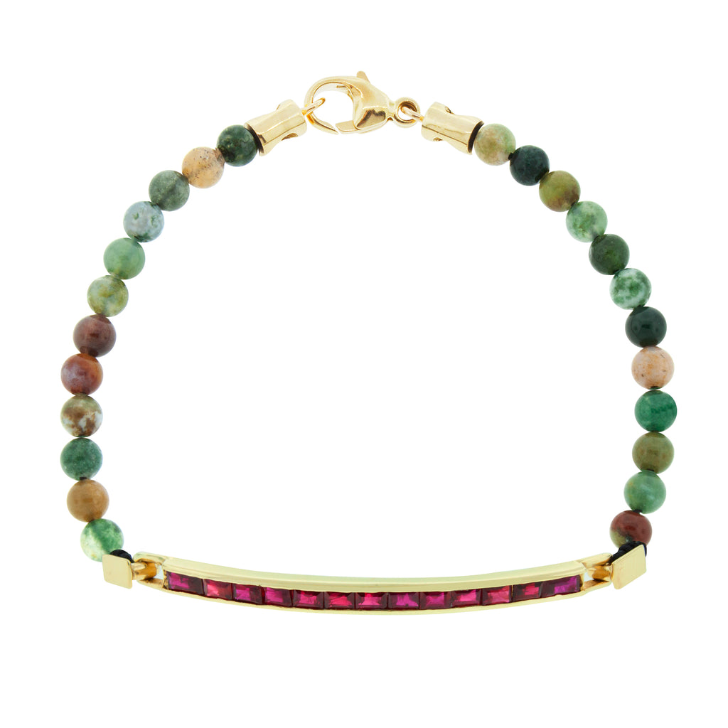 LUIS MORAIS 14K gold large link ID bar with ruby baguettes on an Indian Agate gemstone beaded bracelet. 14k yellow gold lobster clasp closure.   