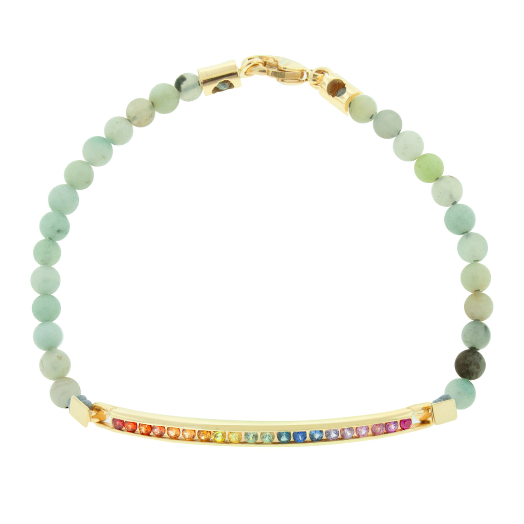LUIS MORAIS 14K gold large link ID bar with round rainbow sapphires on an Amazonite gemstone beaded bracelet. 14k yellow gold lobster clasp closure.     *If you require a size that is not available in the options provided, please indicate your preferred size in the designated text box during checkout.