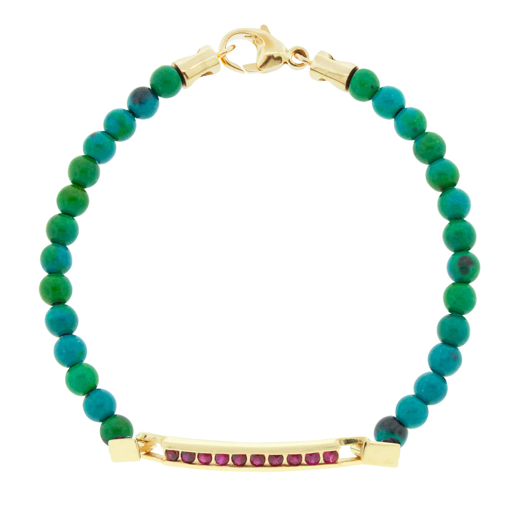 Barre d'identification moyenne avec rubis ronds sur bracelet perlé Jasper