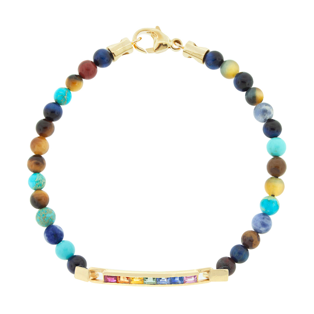LUIS MORAIS 14K gold medium link ID bar with  rainbow sapphires baguettes on a gemstone beaded bracelet. 14k yellow gold lobster clasp closure.     *If you require a size that is not available in the options provided, please indicate your preferred size in the designated text box during checkout.