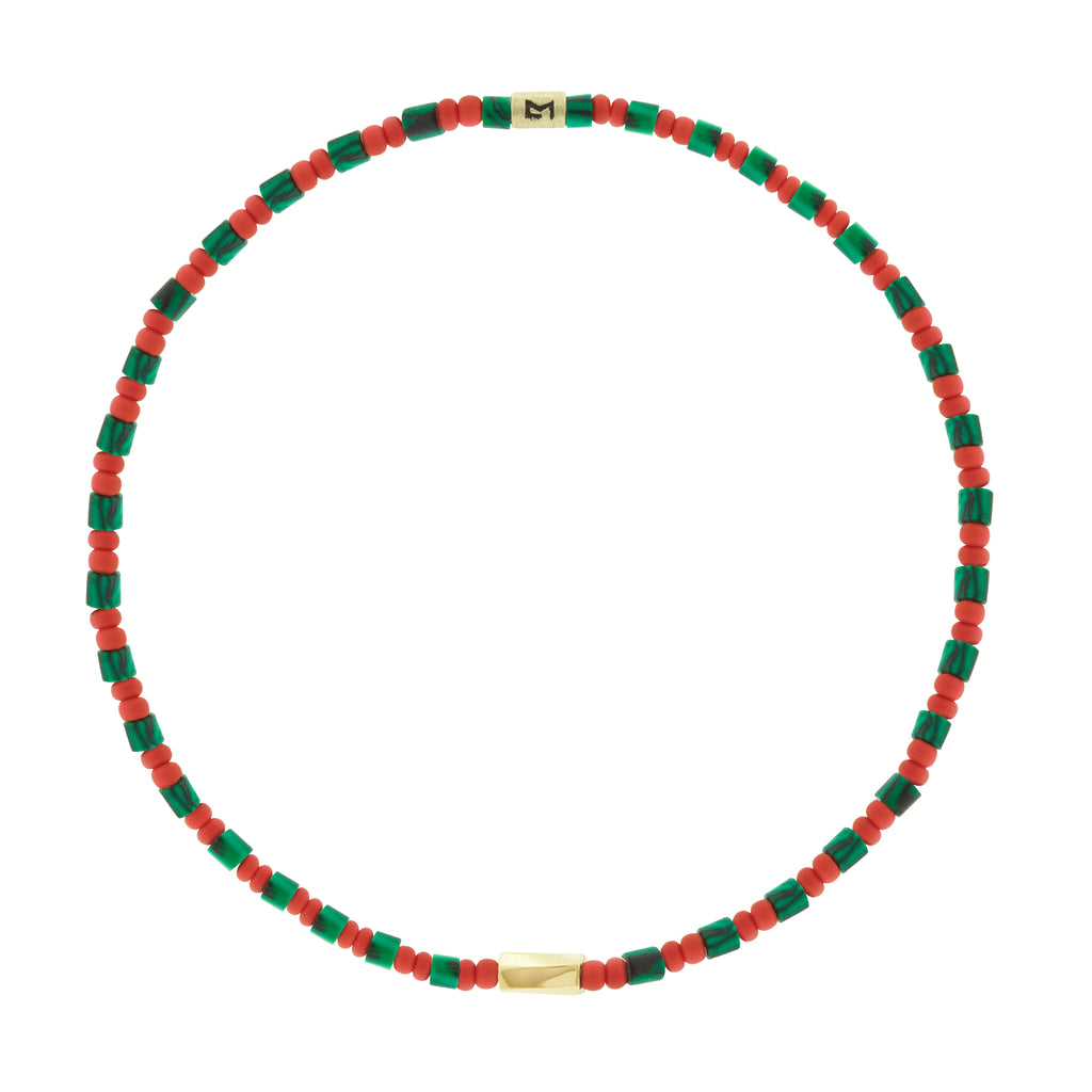 LUIS MORAIS 14k yellow gold small twisted hexagon on a gemstone and glass beaded bracelet.