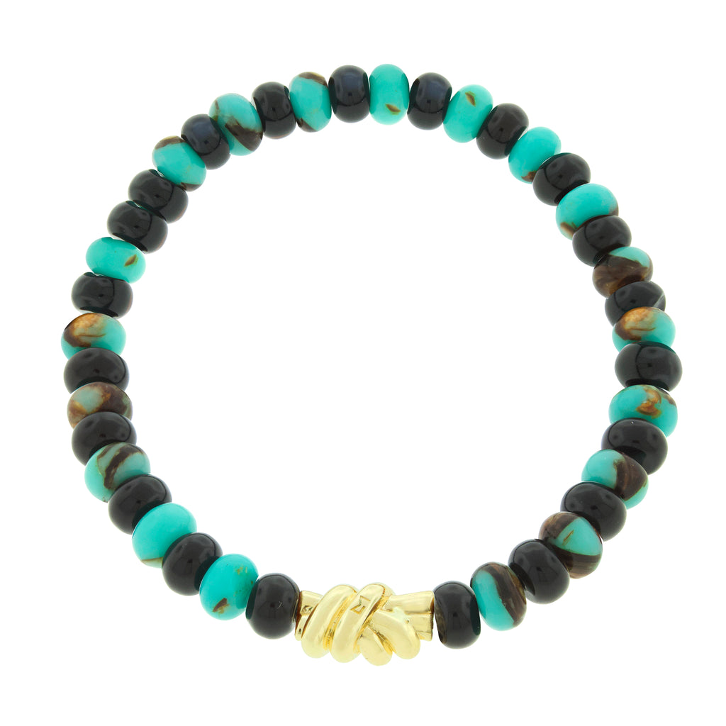 <p>&nbsp;<span style="font-size: 0.875rem;">LUIS MORAIS 14k yellow gold double knot on a gemstone beaded bracelet.</span></p> <ul> <li></li> </ul>