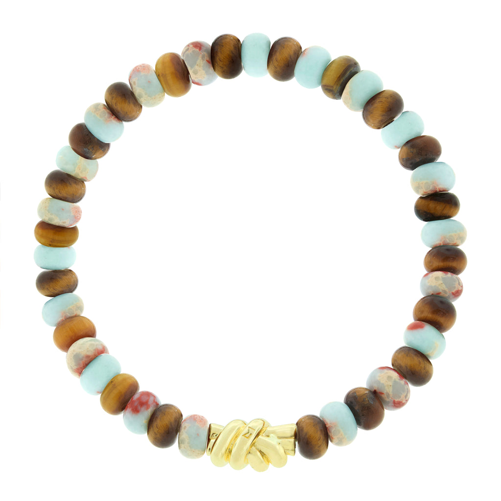 <p>&nbsp;<span style="font-size: 0.875rem;">LUIS MORAIS 14k yellow gold double knot on a gemstone beaded bracelet.</span></p> <ul> <li></li> </ul>