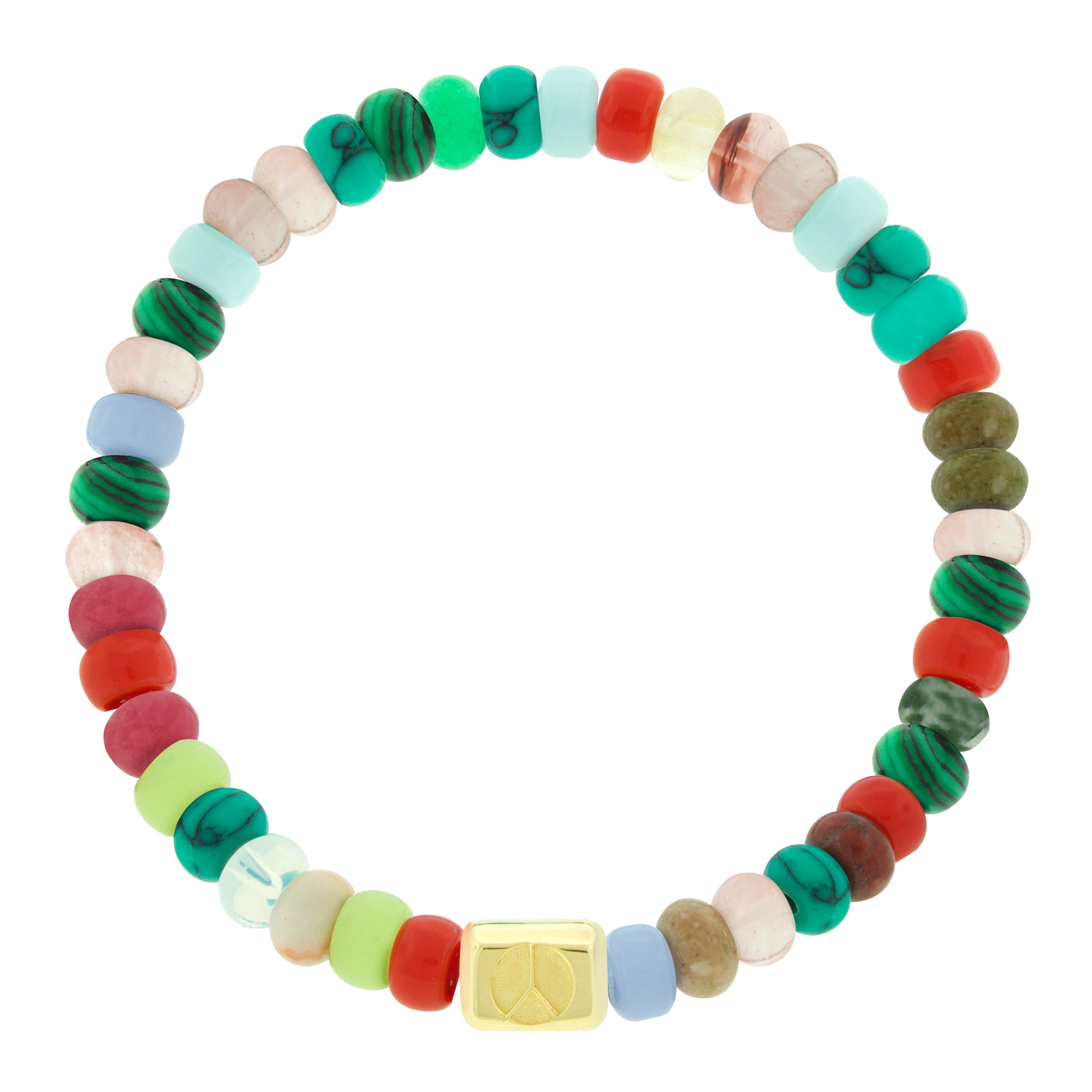 LUIS MORAIS 14k yellow gold ingot with a recessed peace sign symbol on a gemstone beaded bracelet.