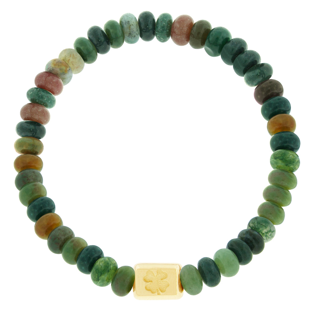 LUIS MORAIS 14k yellow gold ingot with a recessed four-leaf clover symbol on a gemstone beaded bracelet.