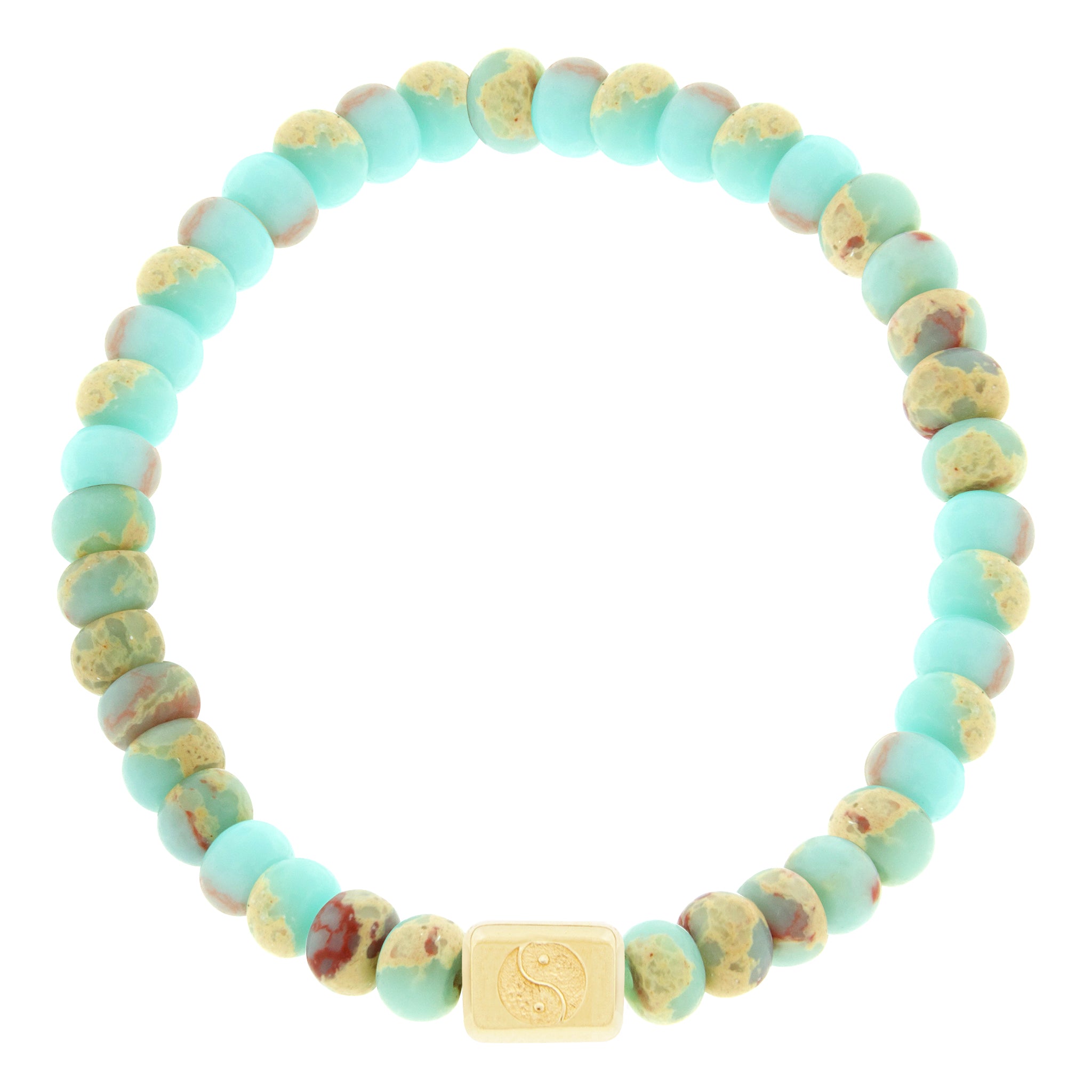 LUIS MORAIS 14k yellow gold ingot with a recessed Yin Yang symbol on a gemstone beaded bracelet.