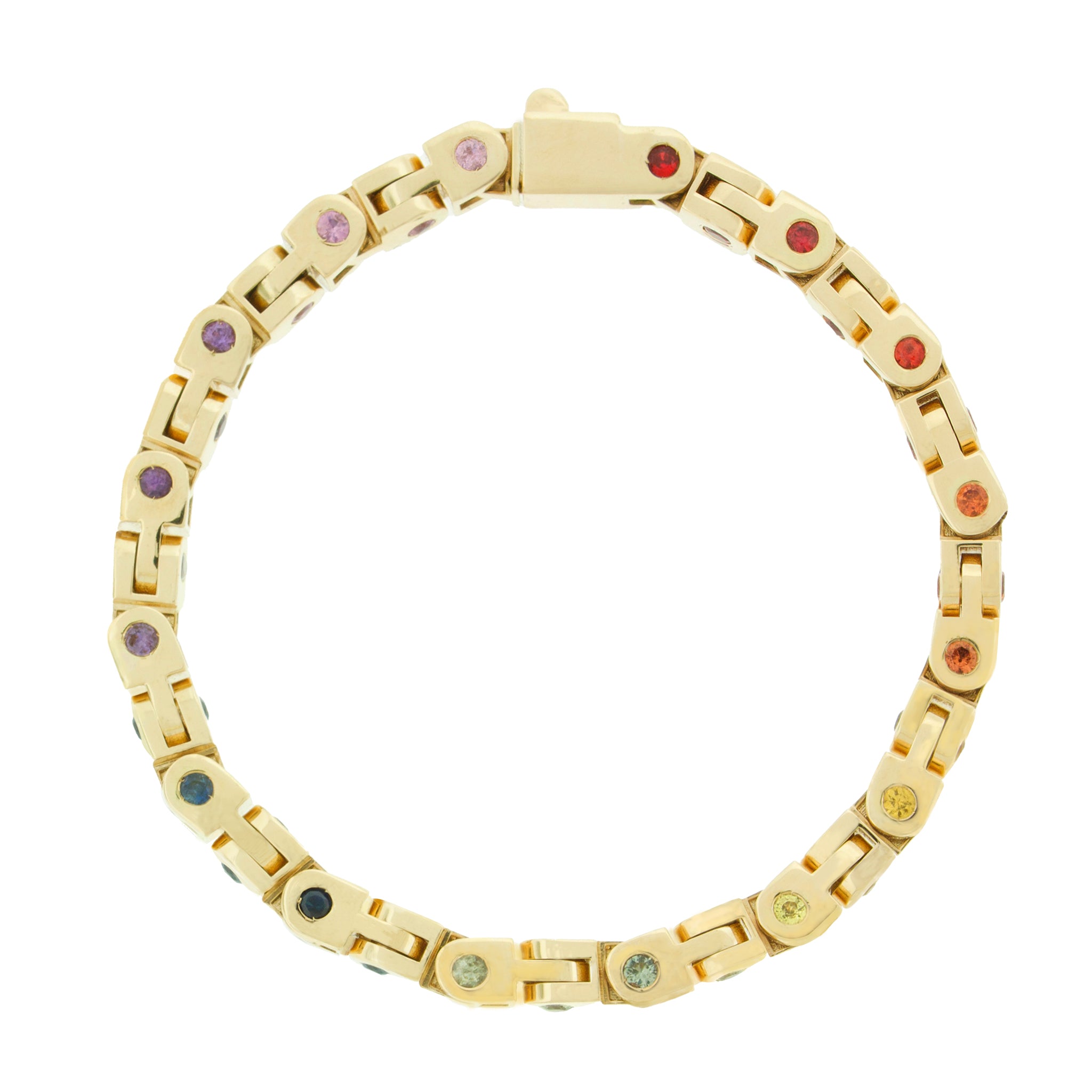 <p>LUIS MORAIS 14k yellow gold Bike Chain bracelet inlaid with rainbow sapphires.