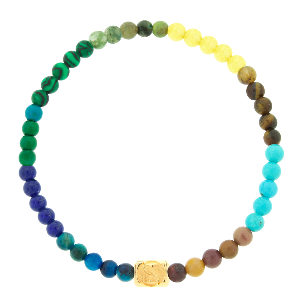 LUIS MORAIS 14k yellow gold ingot with a Yin Yang symbol on a gemstone beaded bracelet.