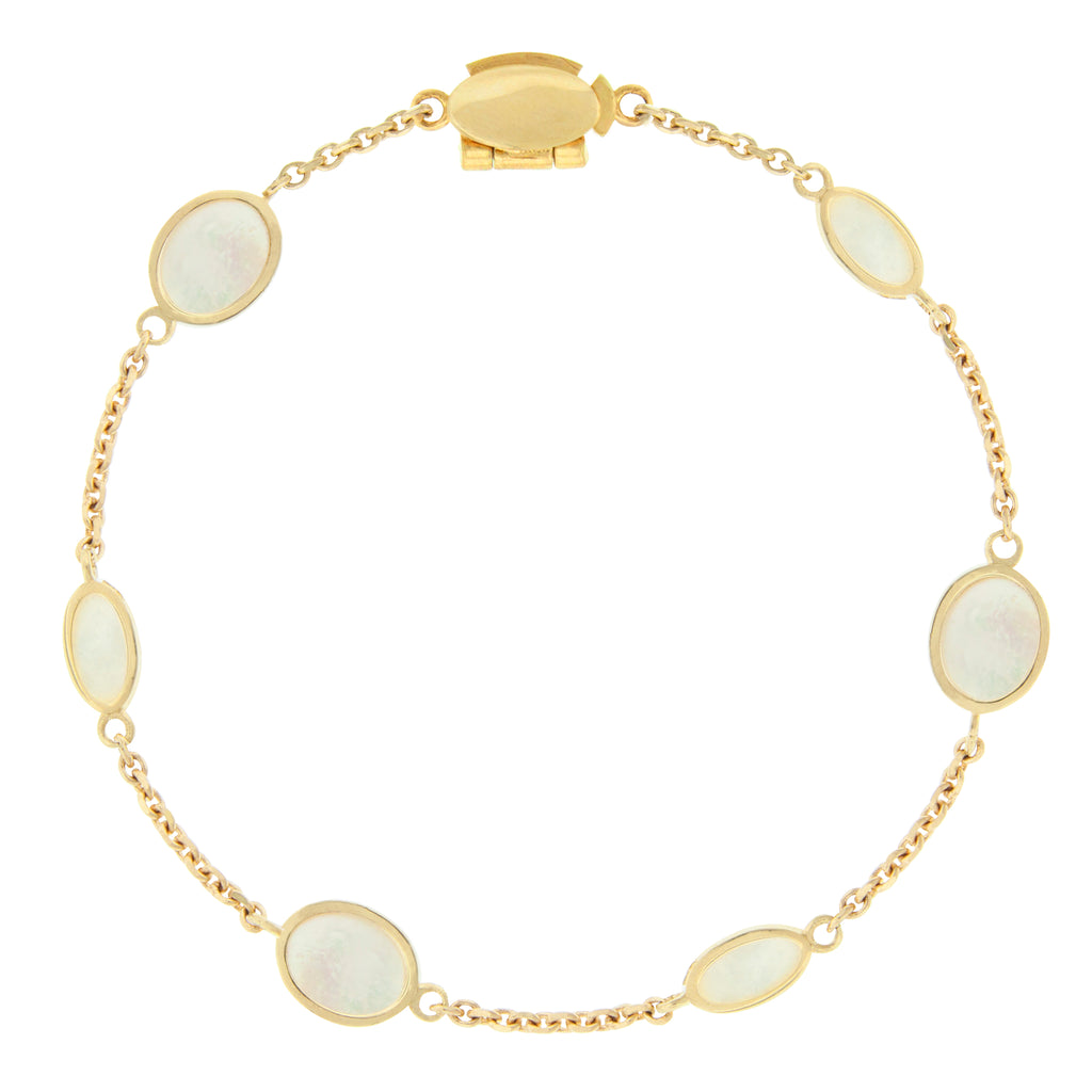 LUIS MORAIS 14k yellow gold chain bracelet with oval gemstones. Our unique clamshell clasp closure provides added security with its sleek design.