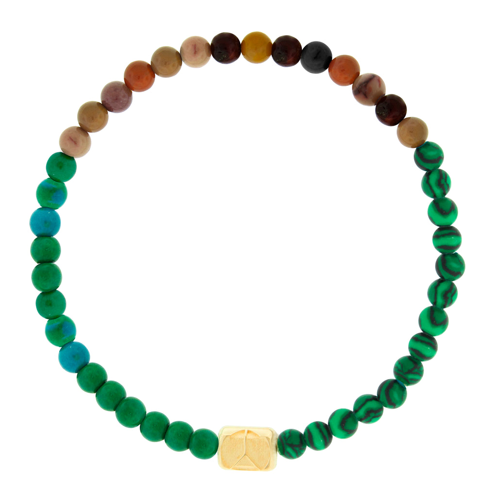 LUIS MORAIS 14k yellow gold ingot with a Peace symbol on a gemstone beaded bracelet.