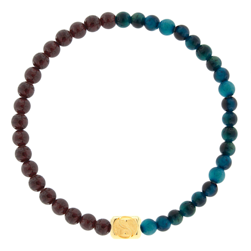 LUIS MORAIS 14k yellow gold ingot with a Yin Yang symbol on a gemstone beaded bracelet.