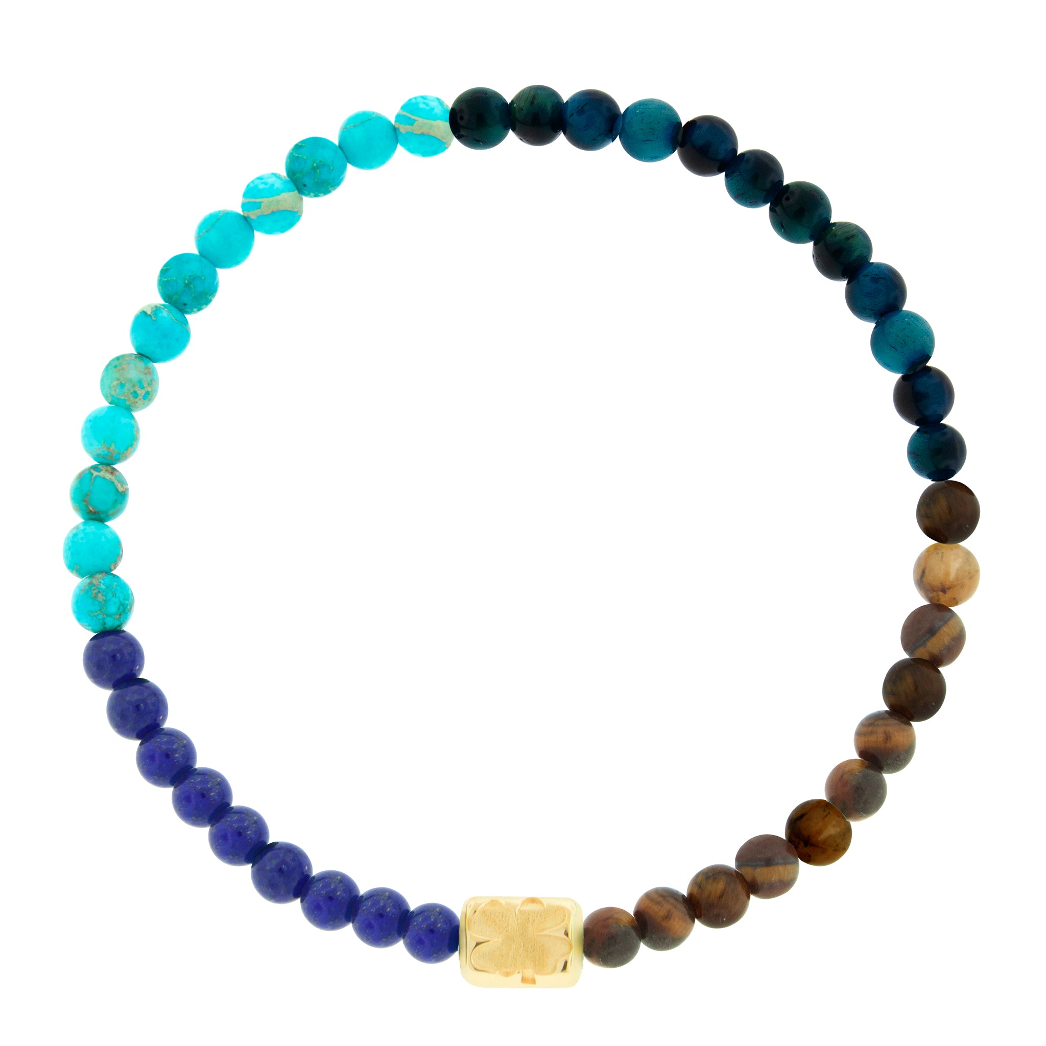LUIS MORAIS 14k yellow gold ingot with a 4-leaf clover symbol on a gemstone beaded bracelet.
