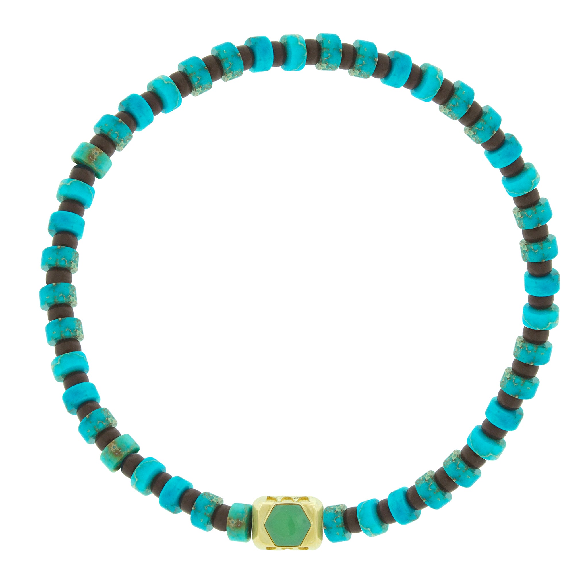 LUIS MORAIS 14k yellow gold ingot with a Chrysoprase hexagon &nbsp;on a gemstone and glass beaded bracelet.