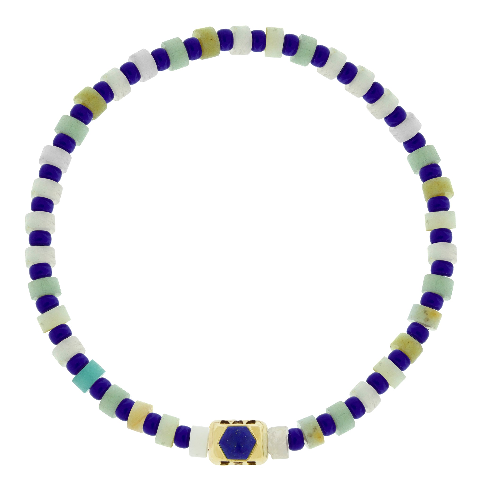 LUIS MORAIS 14k yellow gold ingot with a hexagon gemstone and antiqued sayings on a gemstone and glass beaded bracelet.