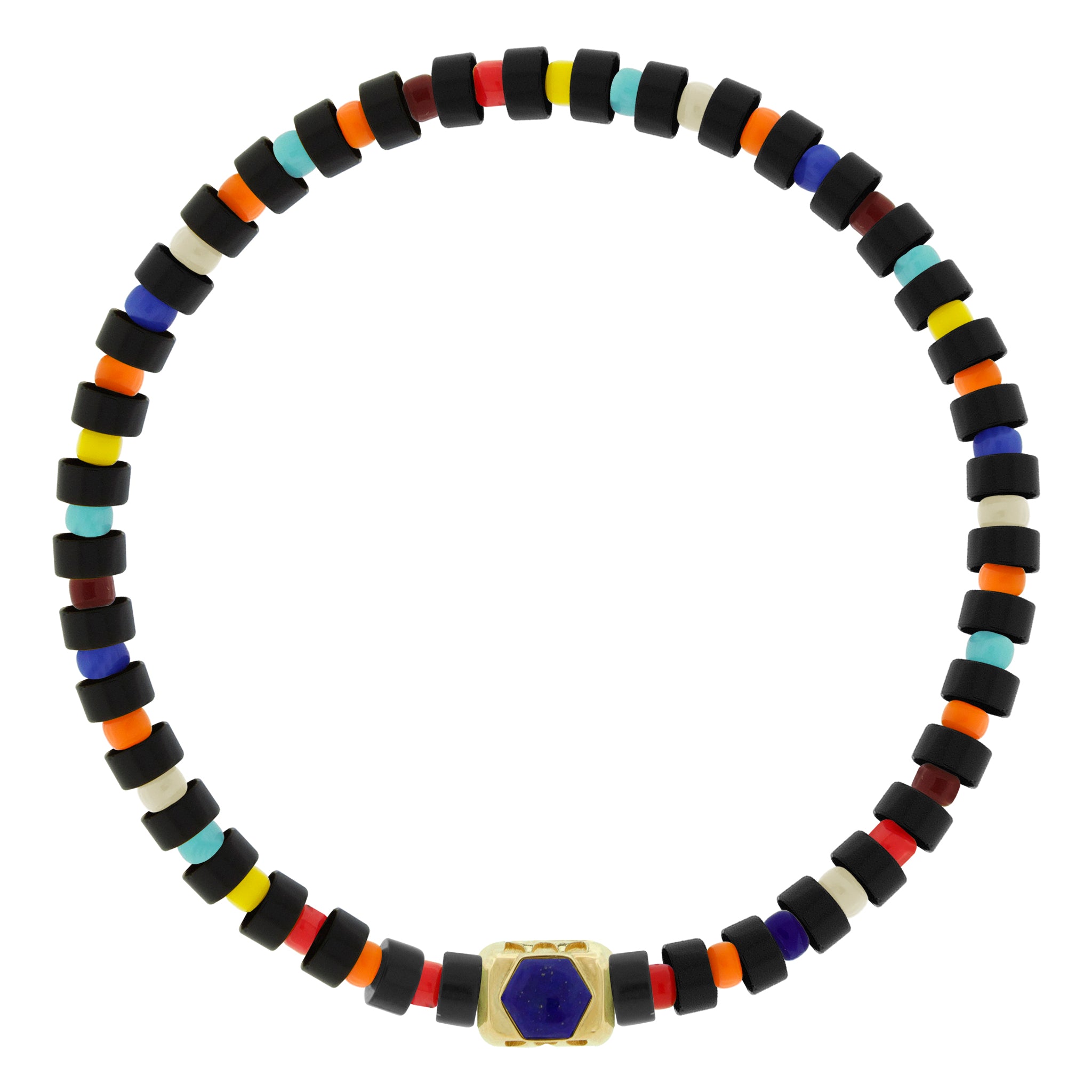 LUIS MORAIS 14k yellow gold ingot hexagon gemstone center and antiqued sayings on a gemstone and glass beaded bracelet.