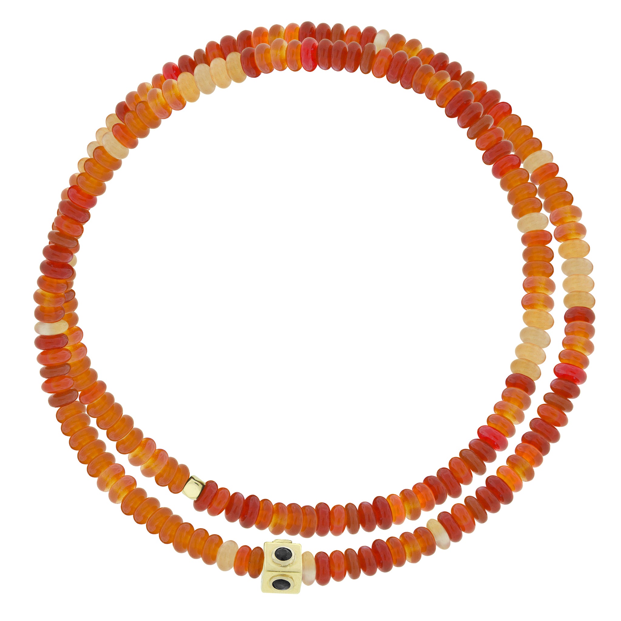 LUIS MORAIS 14k yellow gold Lego cube with four black diamonds and a plain gold mini tetra on a double wrap gemstone beaded bracelet.