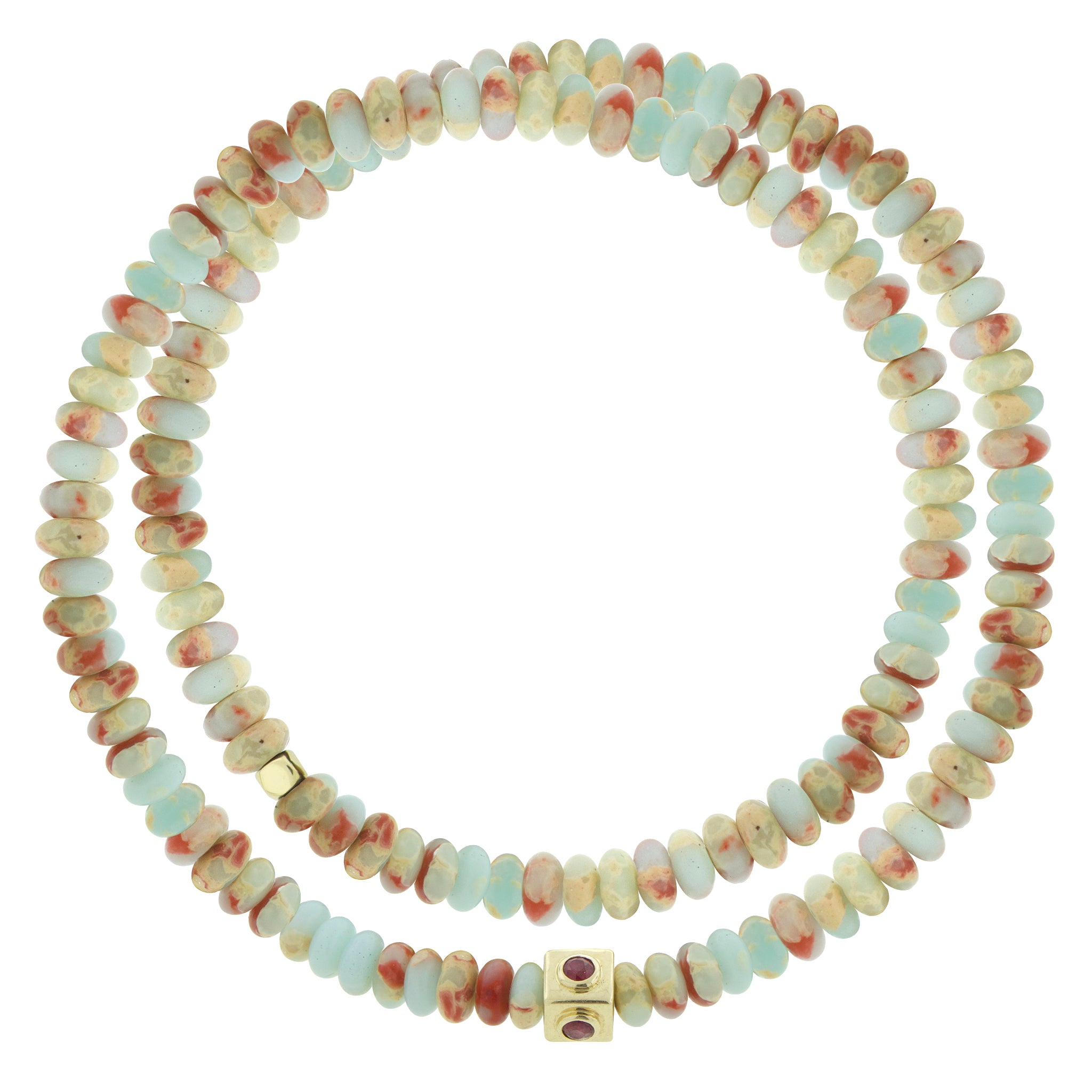 <p>LUIS MORAIS 14k yellow gold Lego cube with four rubies and a gold mini tetra on a double wrap gemstone beaded bracelet.</p> <ul> <li></li> </ul>