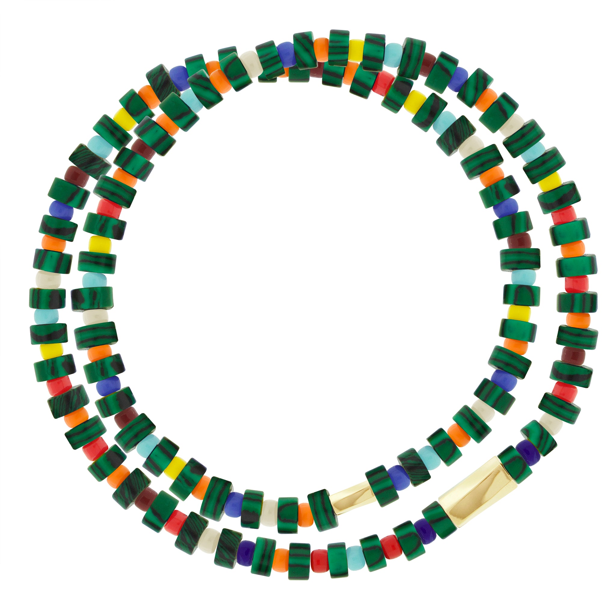 LUIS MORAIS 14k yellow gold large&nbsp; and small twisted hexagon tubes on a double wrap gemstone and glass beaded bracelet.