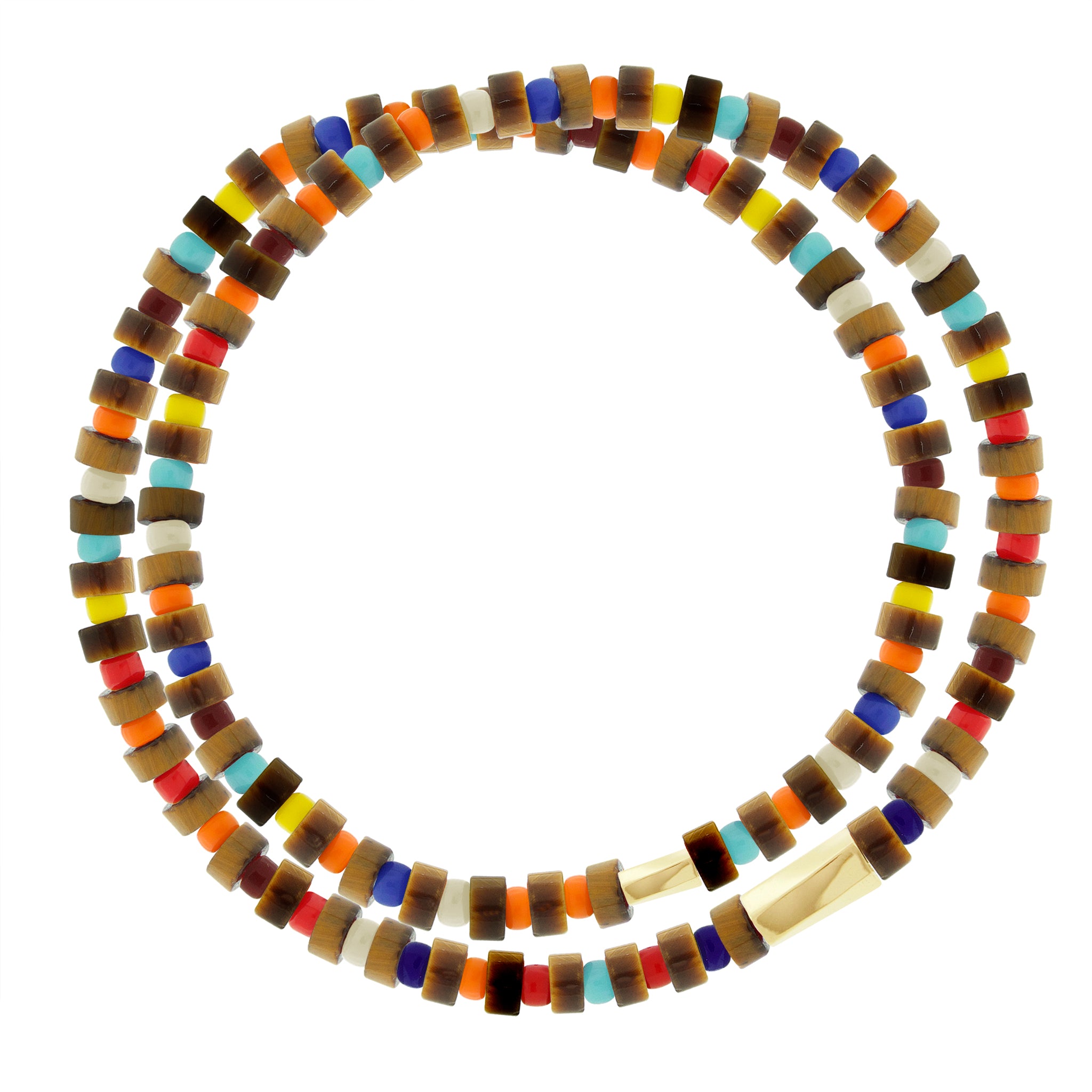 LUIS MORAIS 14k yellow gold large&nbsp; and small twisted hexagon tubes on a double wrap gemstone and glass beaded bracelet.