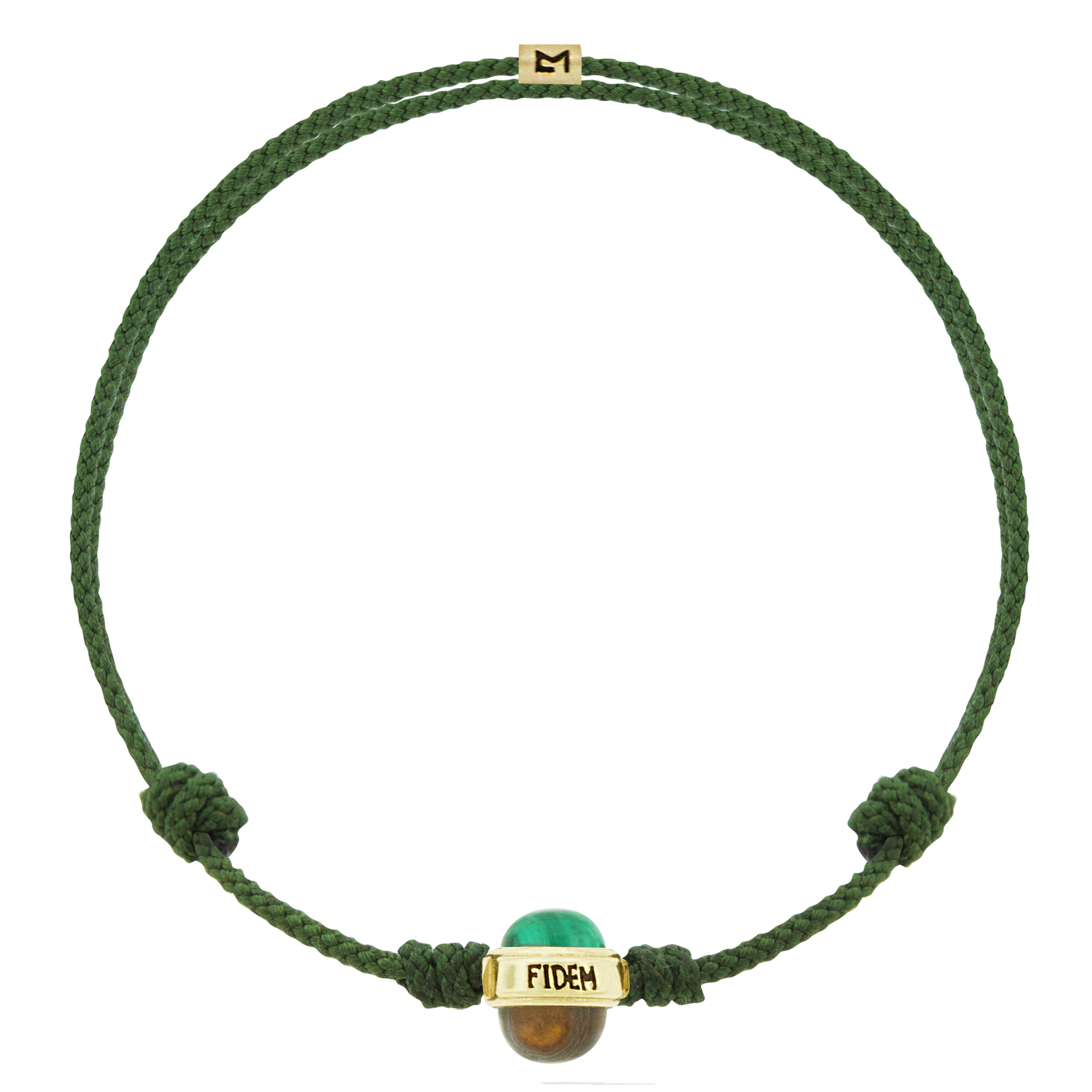 LUIS MORAIS 14k yellow gold collar with engraved and antiqued words and two gemstone cabochons on a cord bracelet. Engraved with the word "FIDEM" which means faith in Latin.