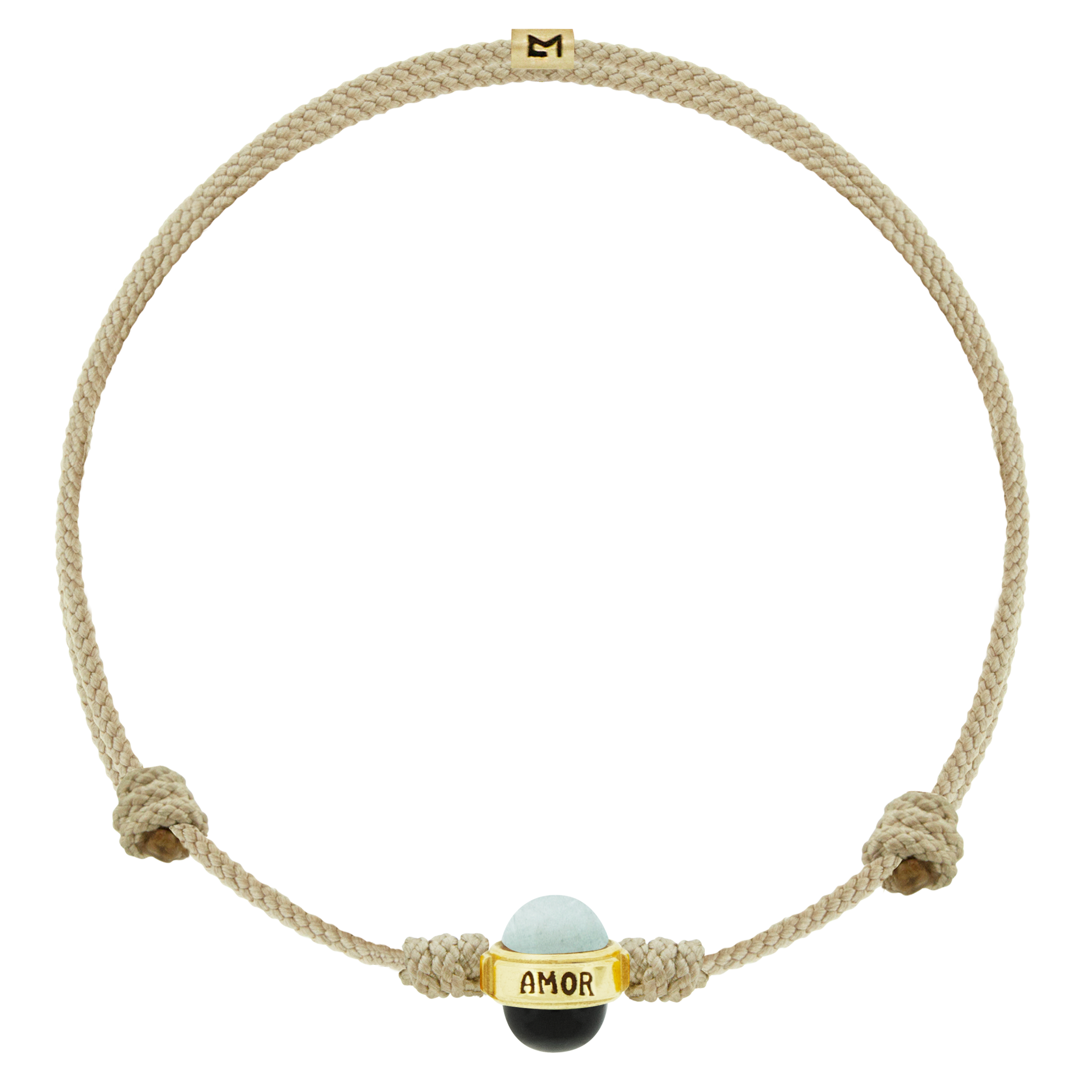 LUIS MORAIS 14k yellow gold collar with engraved and antiqued words and two gemstone cabochons on a cord bracelet. Engraved with the word "AMOR" which means love in Latin.