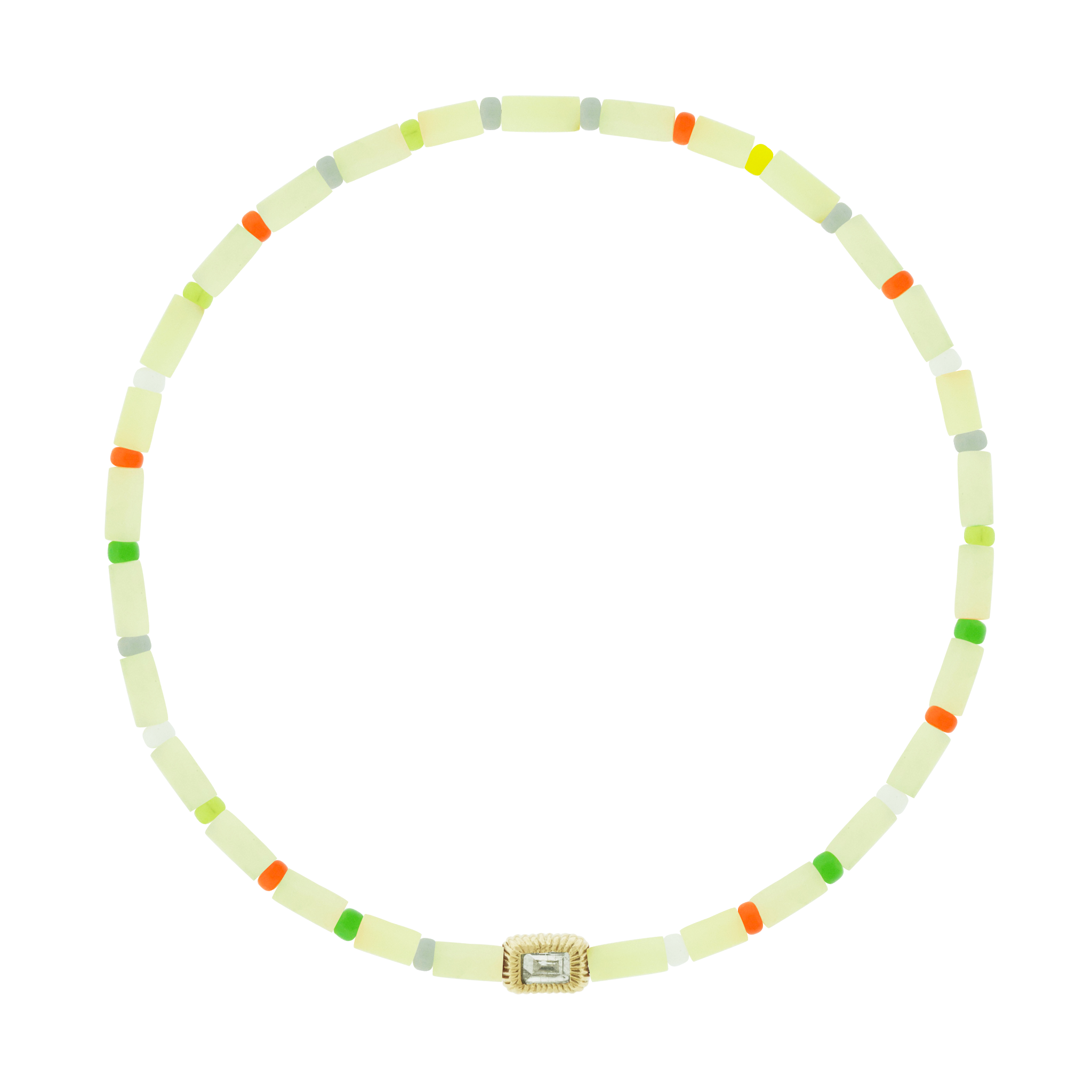 LUIS MORAIS 14k yellow gold small corrugated ingot with a white diamond baguette on a gemstone and glass beaded bracelet