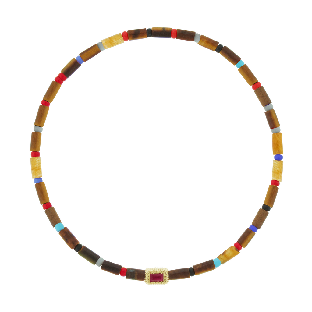 LUIS MORAIS 14k yellow gold small corrugated ingot with a ruby baguette on a gemstone and glass beaded bracelet.