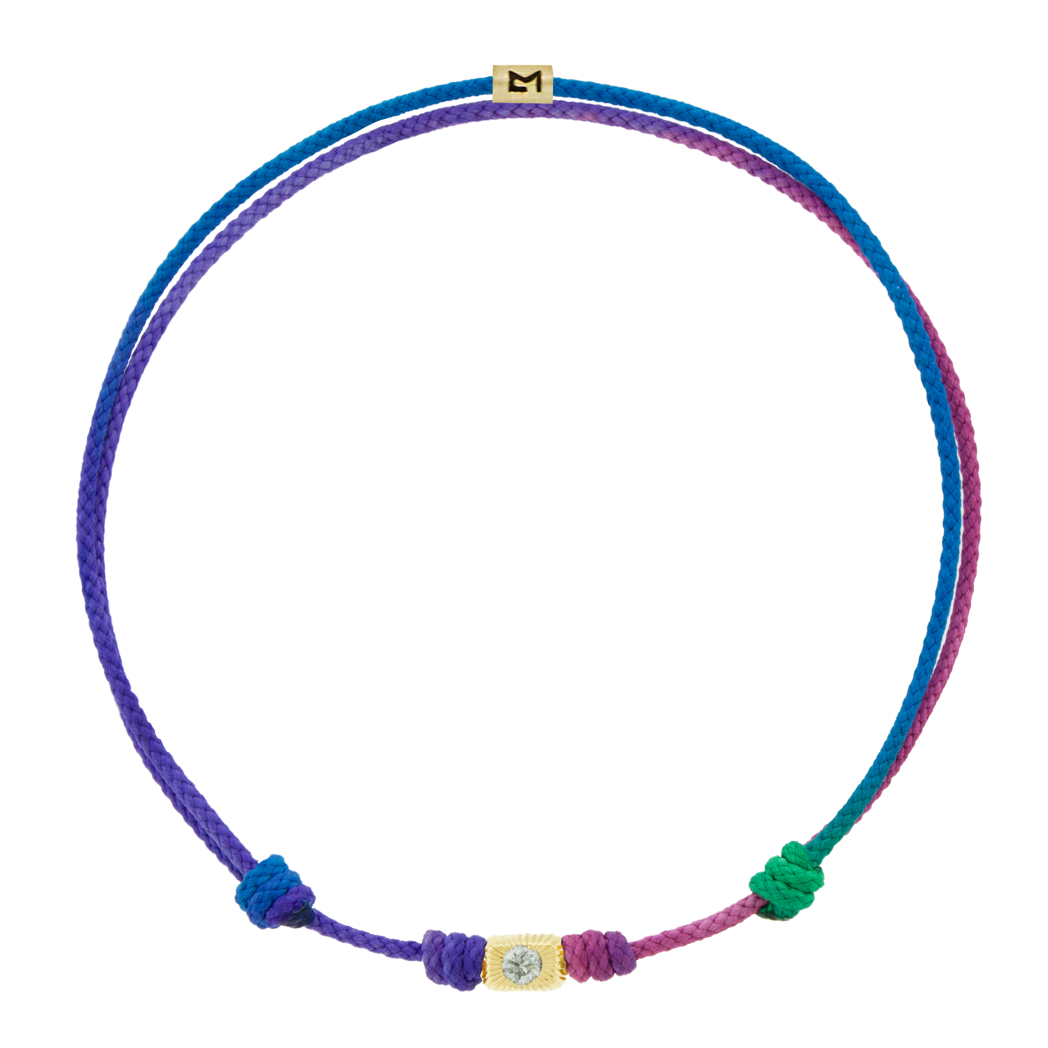 LUIS MORAIS 14k yellow gold small corrugated ingot with a white diamond on a cord bracelet. Adjustable.