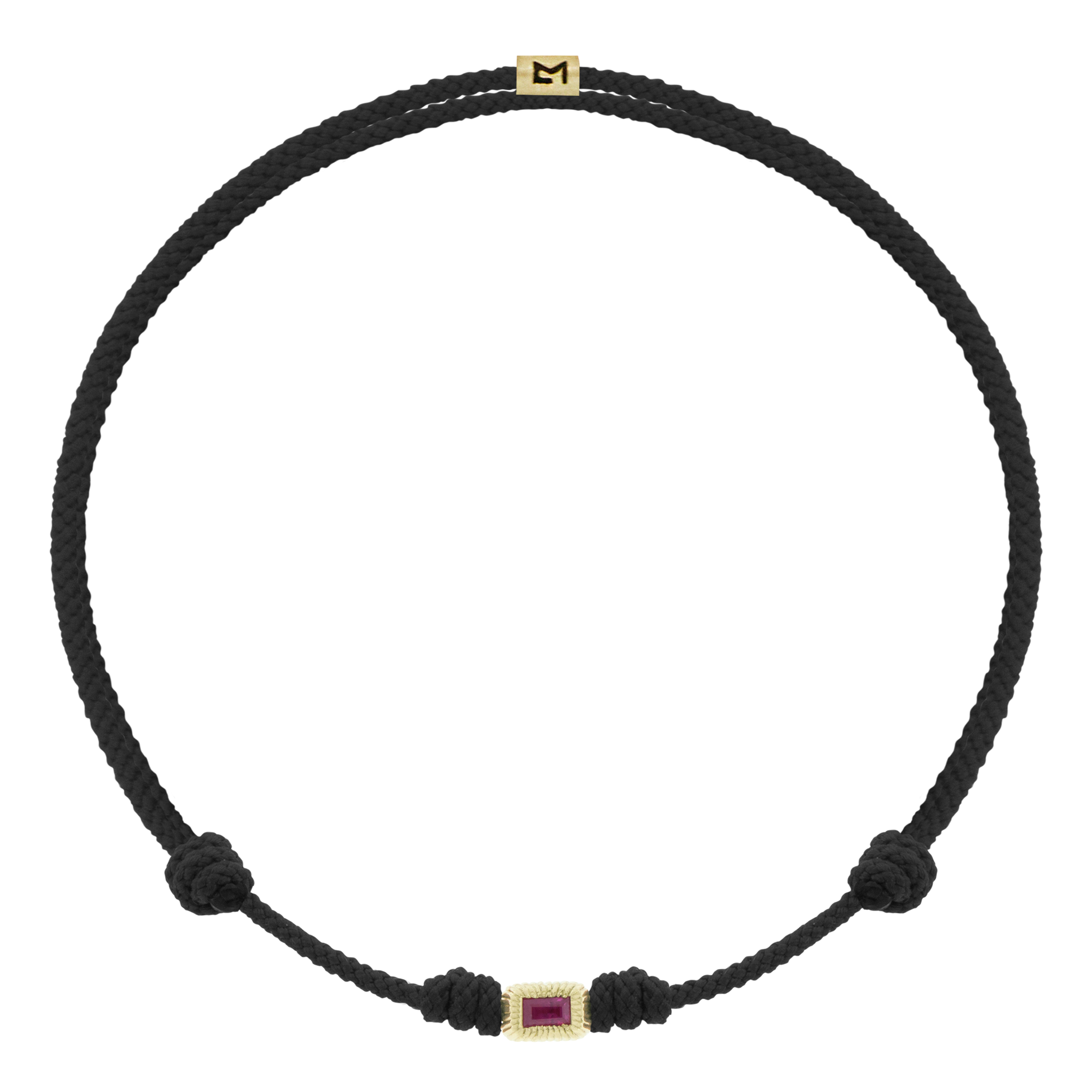 LUIS MORAIS 14k yellow gold small corrugated ingot with a ruby baguette on a cord bracelet. Gold logo spacer.&nbsp;