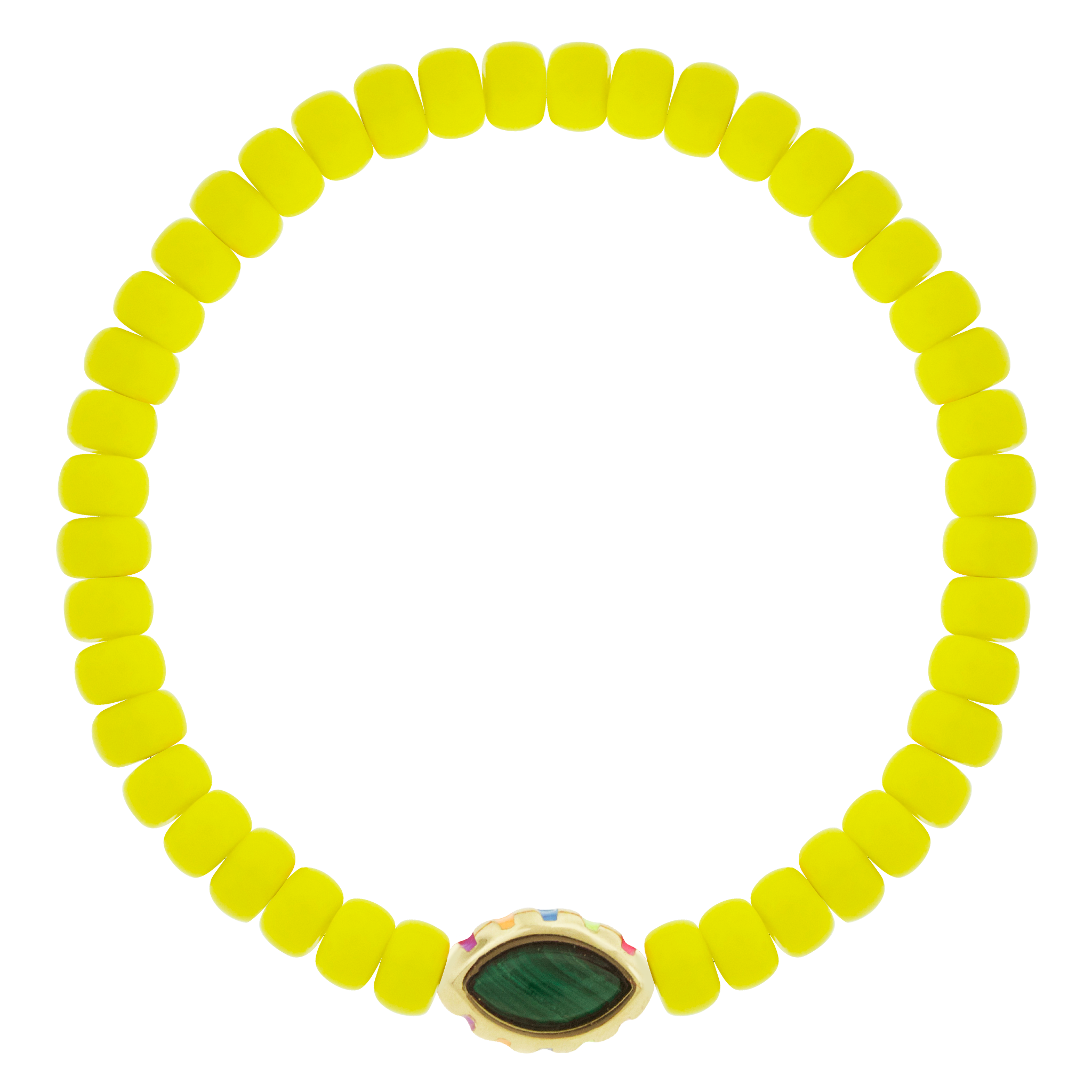 LUIS MORAIS 14k yellow gold eye bead with enameled lashes and a marquise gemstone bead on a glass beaded bracelet.