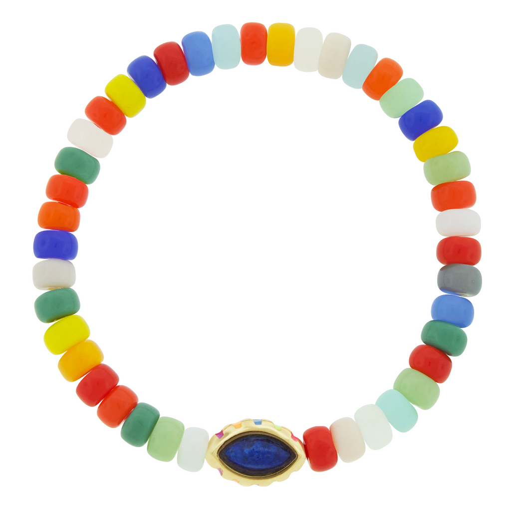 LUIS MORAIS 14k yellow gold eye bead with a marquise gemstone on a glass&nbsp;beaded bracelet.