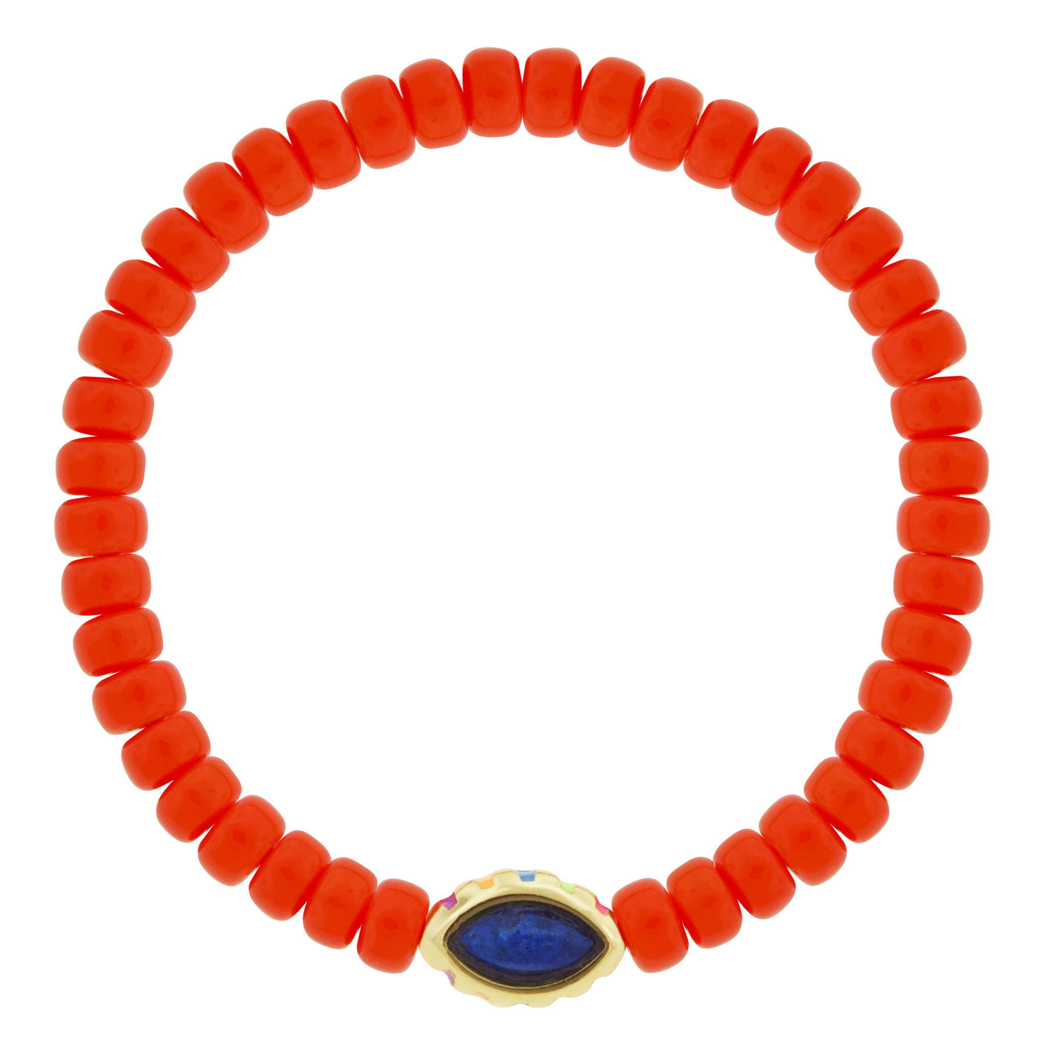 LUIS MORAIS 14k yellow gold eye bead with enameled lashes and a marquise gemstone bead on a glass beaded bracelet.