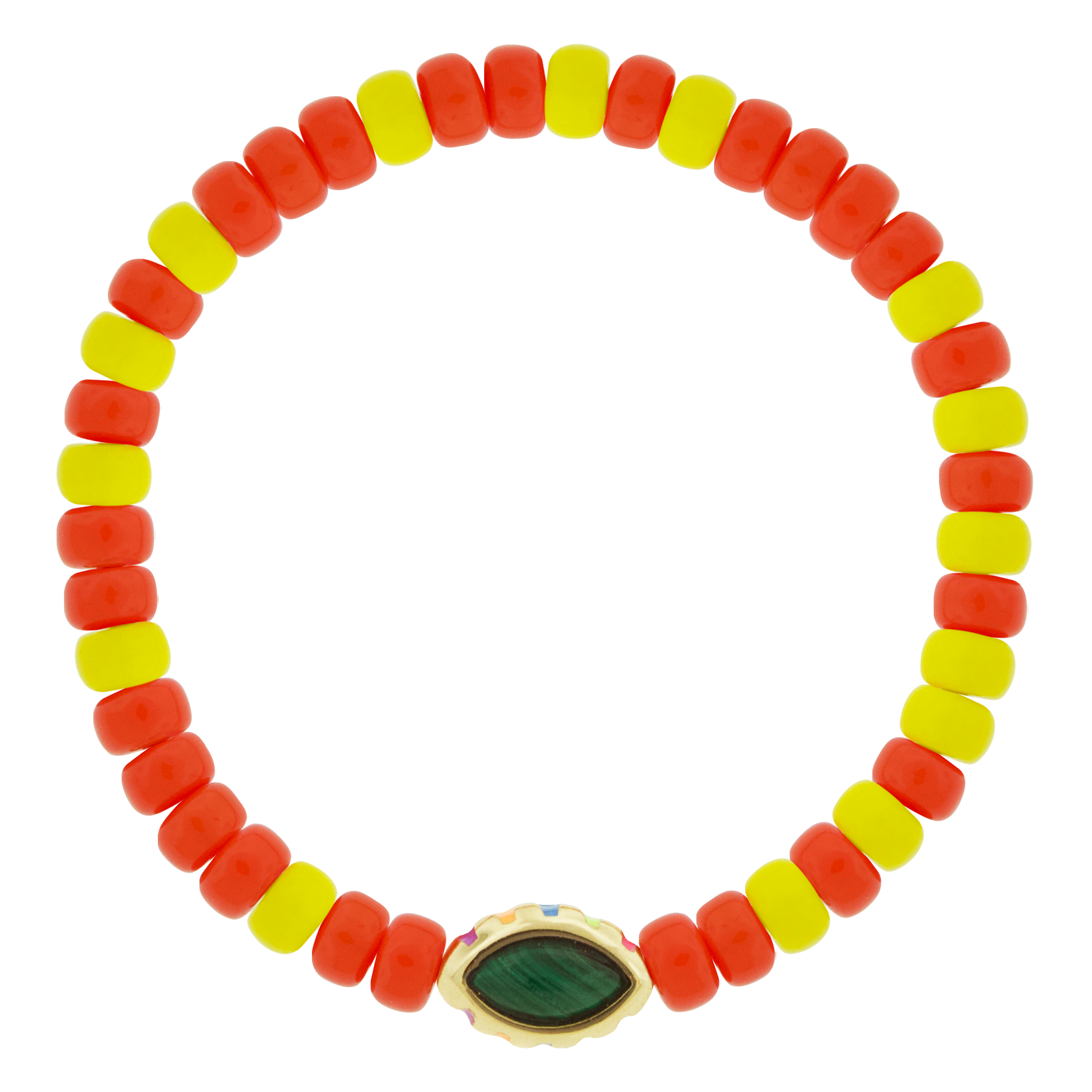 LUIS MORAIS 14k yellow gold eye bead with enameled lashes and a marquise gemstone bead on a glass beaded bracelet.