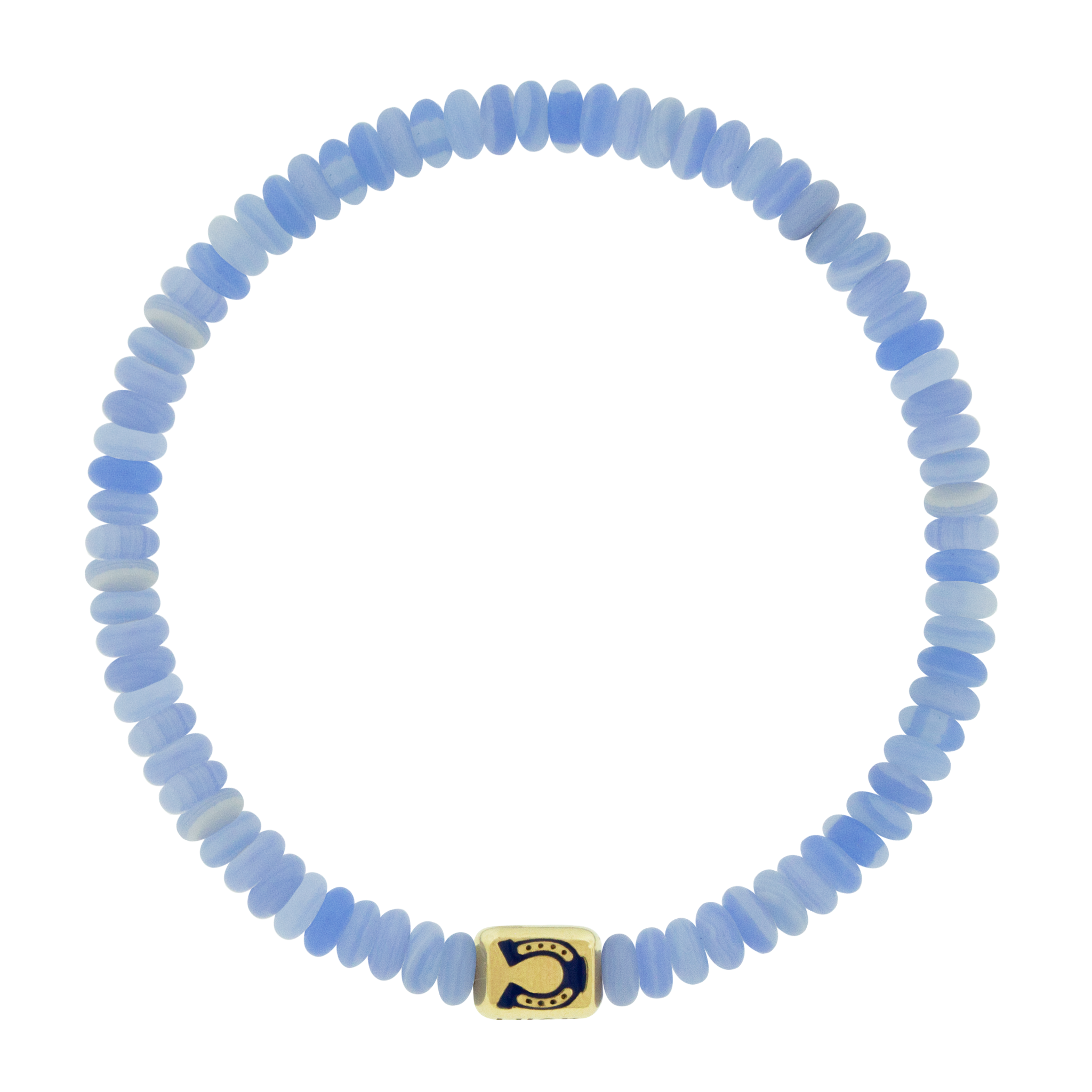 LUIS MORAIS 14K yellow gold ingot with an enameled Lucky Horseshoe symbol on a glass beaded bracelet.