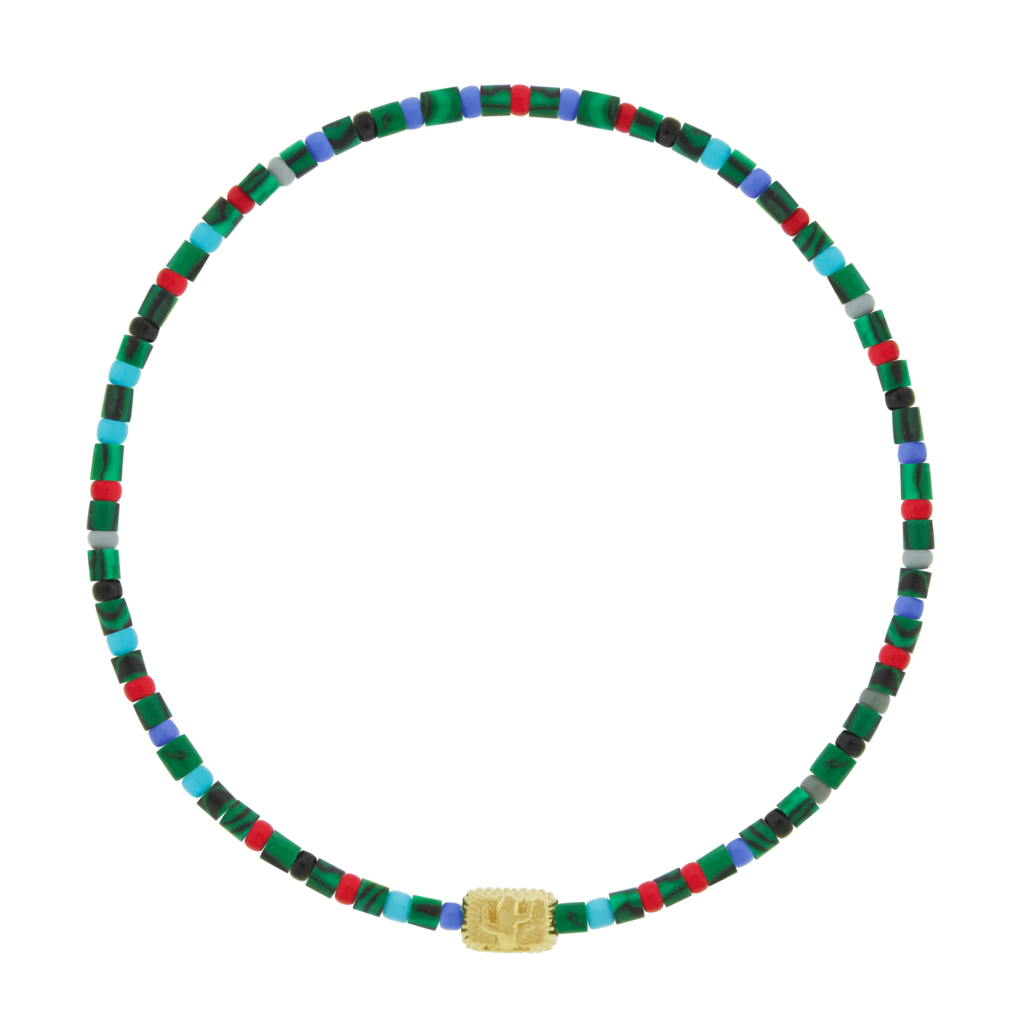 LUIS MORAIS 14k yellow gold small corrugated ingot with cactus symbol on a gemstone and glass beaded bracelet. A light-hearted twist on our symbol designs.