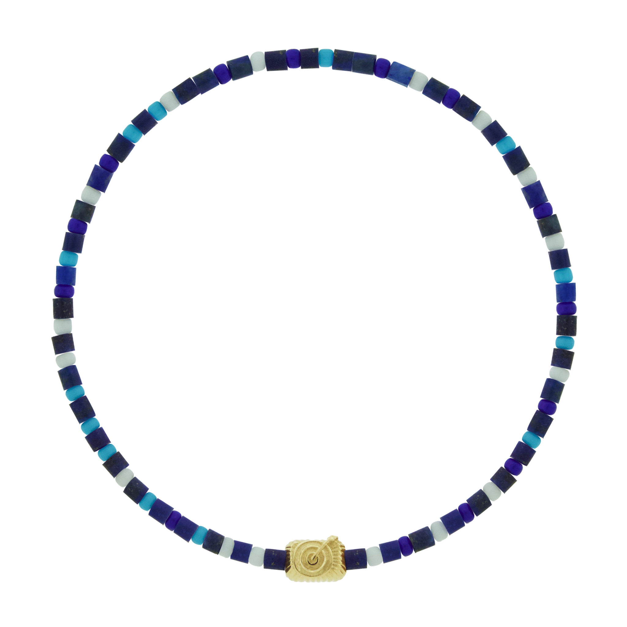 LUIS MORAIS 14k yellow gold small corrugated ingot with bullseye symbol on a gemstone and glass beaded bracelet. A light-hearted twist on our symbol designs.